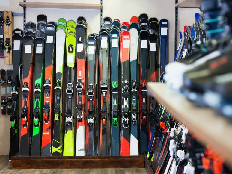 Racks of skis in a ski shop